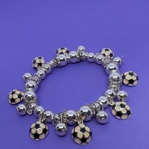 Soccer Balls Beaded Bracelet Black/White & Sterling Beads 8 Charms NWT Stretchy
